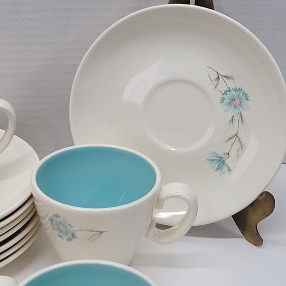 16pc Taylor Smith Taylor Boutonniere Ever Yours Teacups Saucers MMC Blue Flowers - Picture 4 of 5